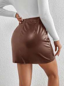 SHEIN Frenchy Women's Solid Color Split Hem PU Bodycon Mini Skirt Spring Casual Brown - Coffee Brown - View 2