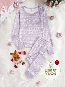 女童贴身圣诞睡衣套装，轻薄保暖贴身睡衣，适合青少年，紫色驯鹿和圣诞树印花休闲简约圆领长袖上衣和裤子，亲子装 - 紫色 - 查看 3