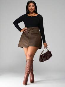 SHEIN PETITE CURVE Plus Size Retro American Style PU Leather A-Line Mini Skirt, High Waist Slimming Design, Suitable For Petite Women, Autumn/Winter - Brown - View 7