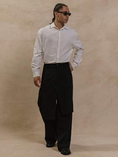 Musero Men Baggy Pinstripe Tailored Overlap Detail Trouser Button Fastening Autumn Winter