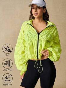 VARSIVA Fluorescent Yellow Casual Pleated Zipper Drawstring Hem Windproof Sports Jacket. - Green - View 1