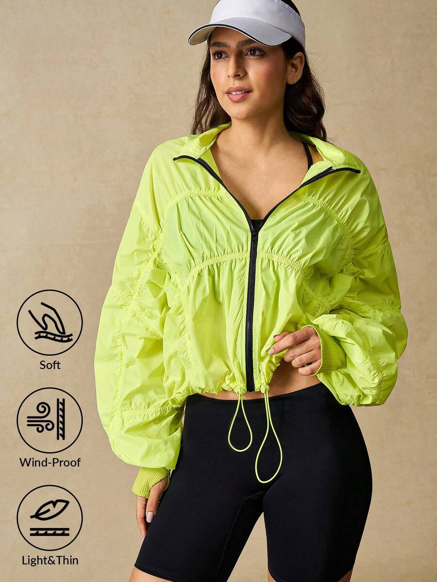 VARSIVA Fluorescent Yellow Casual Pleated Zipper Drawstring Hem Windproof Sports Jacket. - Green - View 1