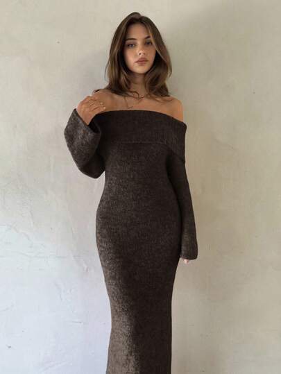 Aloruh 女士加厚罗纹露肩长袖修身长款毛衣连衣裙，粉色，秋冬款