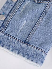 Young Boys' New Blue Washed Casual Loose Denim Jacket, Featuring Distressed Wash, Soft Cotton Denim Fabric, And Fleece Collar. A Must-Have For Fashion-Forward Boys, Suitable For Autumn/Winter Wear, Versatile For Daily Outfits, Photoshoots, Outings, And Gatherings. New Arrival For Autumn Season