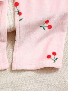 女童舒适休闲柔软双面法兰绒樱桃印花长袖长裤睡衣 - 粉色 - 查看 7