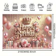 1pc Pink Floral Balloon Birthday Party Background With Crown Pearl Gift Box Design, Princess Birthday Party Background Cloth, Cake Table Decor, Photography Backdrop, Polyester Banner - Apricot - View 8