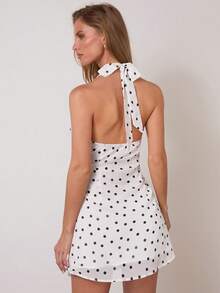 COSMINA Women's Elegant Deep V Ruched Polka Dot Chiffon Mini Dress, Versatile For Commuting And Office Wear, All Season - Black and White - View 2