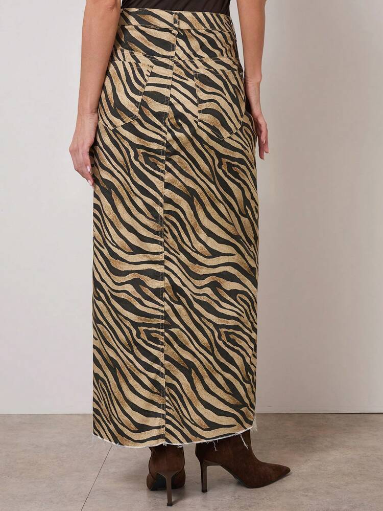 COSMINA 女士高腰斑马纹开衩长款牛仔裙 - 彩色 - 查看 7