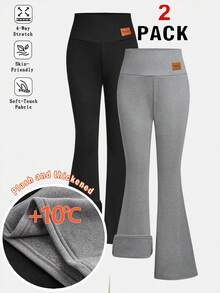 SHEIN 2件套女童休闲百搭保暖罗纹高领PU贴片喇叭裤套装，黑色和灰色，姐妹/妈妈和我款，秋冬季加厚绒裤，四向弹力喇叭裤，女童运动裤，亲肤运动裤