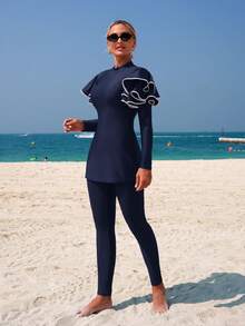 Swim Mulvari Women's Bikini 2-Piece Set, Navy Blue Long Sleeve Round Neck Double Ruffle Trim Slim Fit Jumpsuit Top And Solid Color Pants, Arabic Style Beach Swimwear, Christmas Outfits, New Year Outfits - Navy Blue - View 5