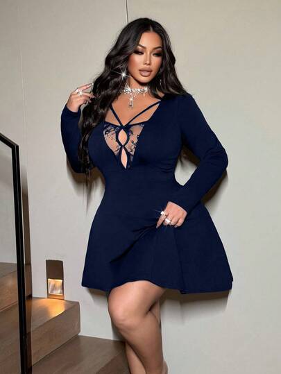 NU&NOW Plus Size Women Solid Color Lace Patchwork Sexy Minimalist Long Sleeve A-Line Dress
