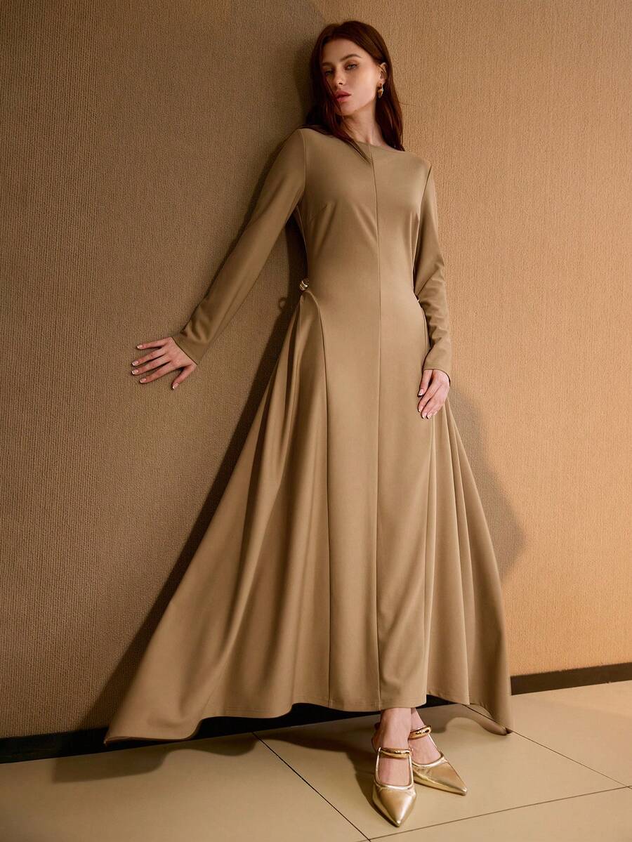 MOTF PREMIUM 船领针织连衣裙，深卡其色 - 卡其色 - 查看 1