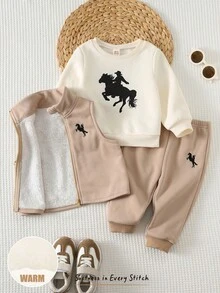 Cozy Pixies Bộ 3 áo nỉ len mềm mại có mũ trùm đầu màu trơn cho bé trai, quần cạp chun và áo vest không tay có đệm, họa tiết ngựa, thích hợp mặc trong nhà, ngoài trời thường ngày, trượt tuyết vào mùa thu/đông - Nhiều màu - Xem 3