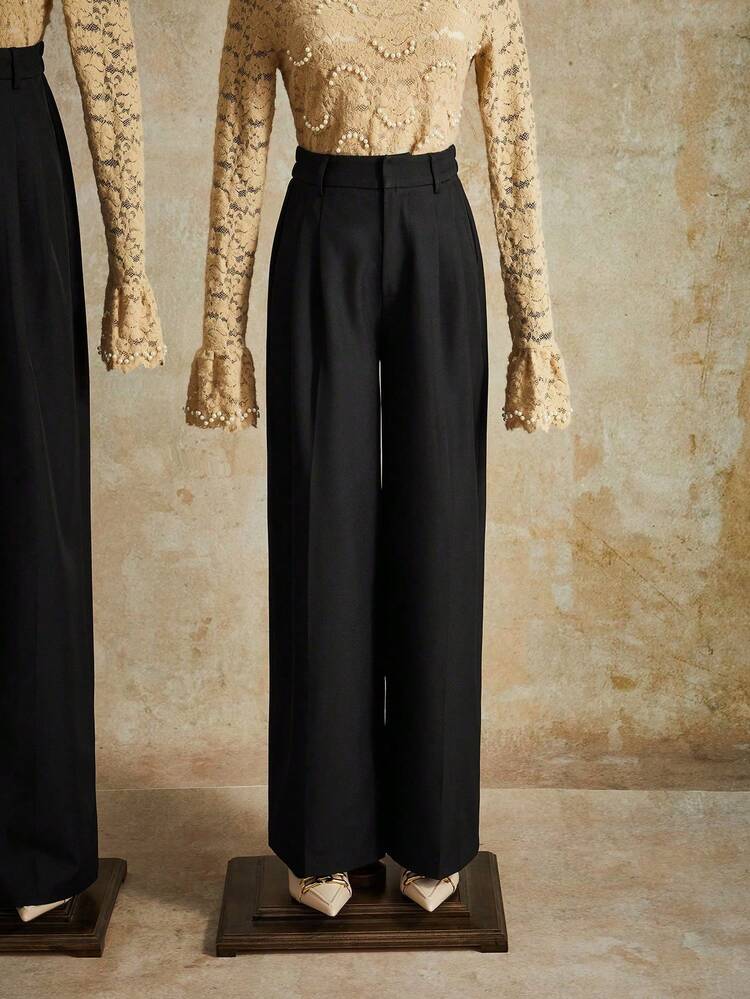Pantalon élégant à taille haute et design plissé pour femmes, pantalon droit noir, taille petite, convient pour l'automne, l'hiver, le printemps, le Nouvel An, les fêtes, les mariages, élégant, chic, , Noël, les festivals, les vacances
