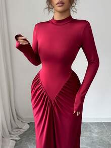 SHEIN Elenzya Autumn/Winter New French Elegant Stand Collar Ruched Fitted Bodycon Cocktail Dress, Sophisticated Design, Suitable For Formal Occasions - Burgundy - View 4