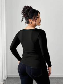 Elenzga 大码合身休闲前系带蝴蝶结纽扣T恤 - 黑色 - 查看 2