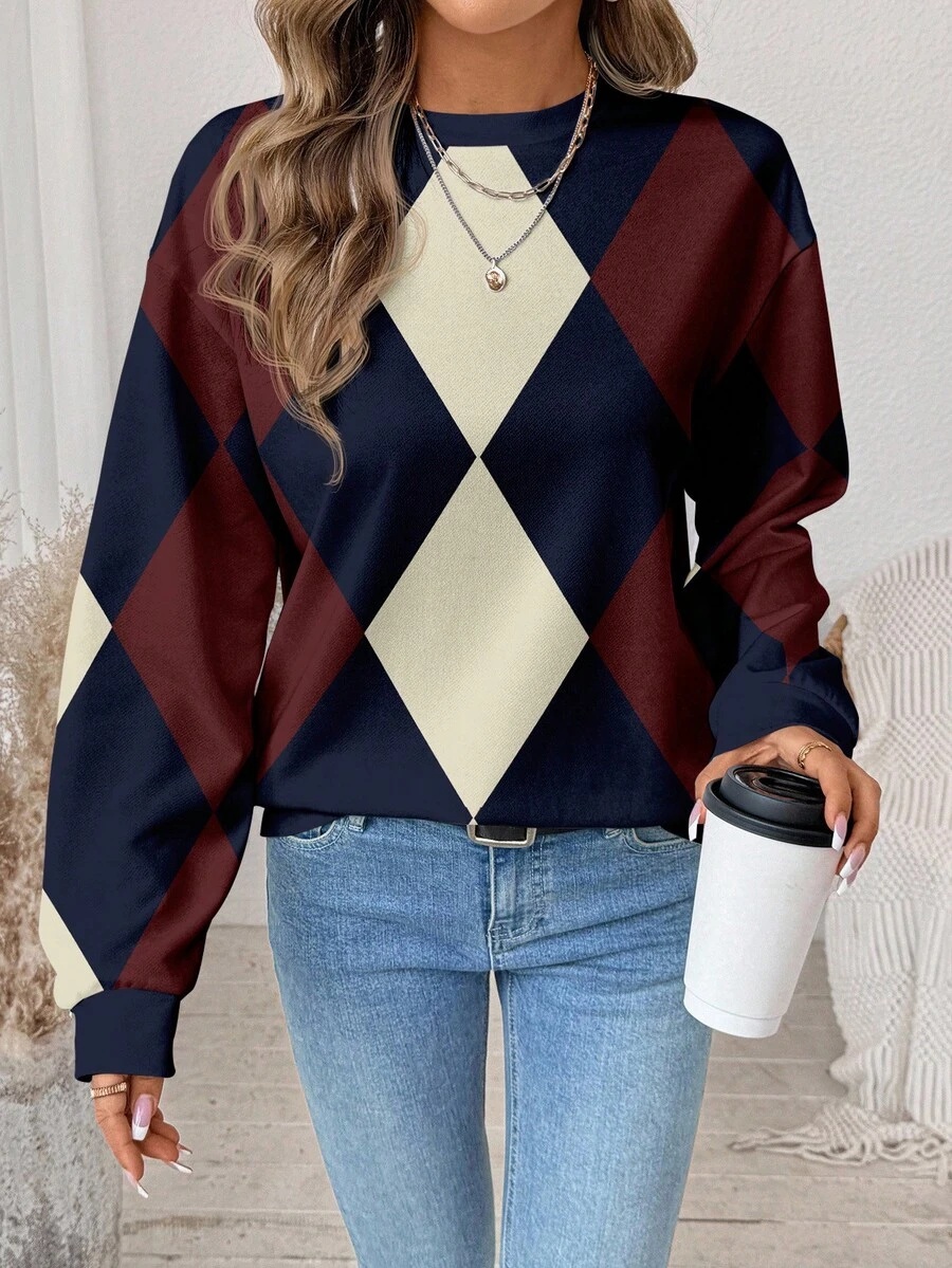 SHEIN LUNE 休闲简约格纹菱形印花图案圆领宽松女式卫衣 - 彩色 - 查看 1