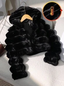 SHEIN Elladie kids 1件女童蓬松仿皮草长袖外套，优雅奢华短款宽松连帽大衣，适合秋冬季搭配裙子、牛仔裤，适合派对和休闲场合穿着。 - 黑色 - 查看 4