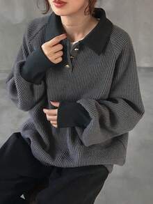 FRIFUL 女士华夫格纹针织高领卫衣，撞色装饰，金属纽扣点缀，灯笼袖，加厚长袖套头衫，秋冬款 - 灰色 - 查看 2