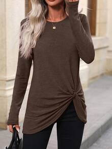 EMERY ROSE 女士休闲纯色扭结前襟长袖T恤，秋季款 - 咖啡棕 - 查看 5