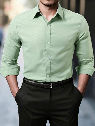 Manfinity Mode Camisa casual de manga larga de corte slim de unicolor para hombre, otoño