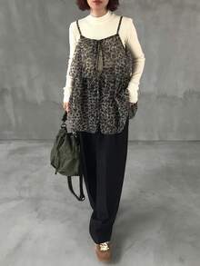 FRIFUL 女士豹纹薄纱吊带系带宽松休闲百搭背心，秋季款 - 棕色 - 查看 2