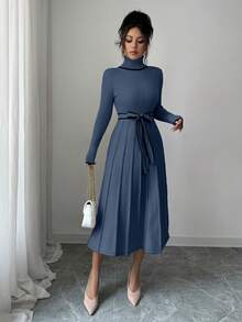 SHEIN Elenzya Váy len peplum viền tương phản, cổ cao ôm sát thanh lịch dành cho nữ, mùa thu/đông - Màu xanh bụi bặm - Xem 6