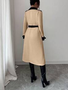 Elenzga 女士撞色领双排扣收腰优雅休闲通勤时尚法式风衣，奶油白杏色，长袖，秋冬款 - 卡其色 - 查看 2