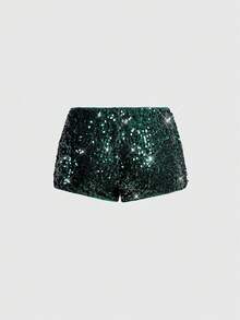 ROMWE Grunge Punk Short mini sexy à taille très basse avec paillettes et sequins, convient pour l'été, la plage, la remise des diplômes, Pâques, les concerts, les vacances à Nashville, le bal de promo, le punk de rue, les festivals de musique - Vert - Voir 2