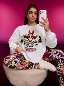 THE POWERPUFF GIRLS X SHEIN Conjunto de 2 piezas de sudadera con cuello redondo y pantalones con estampado de Blossom, Bubbles y Buttercup de dibujos animados, talla grande, informal, para otoño - Multicolor - Ver 1