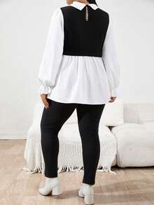 SHEIN 秋季服装，秋季孕妇装，孕妇加大码两件套，长袖上衣搭配可调节腰裤，休闲套装，加大码套装，打底裤，加大码女装，时尚加大码，加大码打底裤，加大码紧身裤，加大码女装两件套，曲线加大码，加大码套装，开衩打底裤，女士打底裤 - 黑與白 - 查看 9