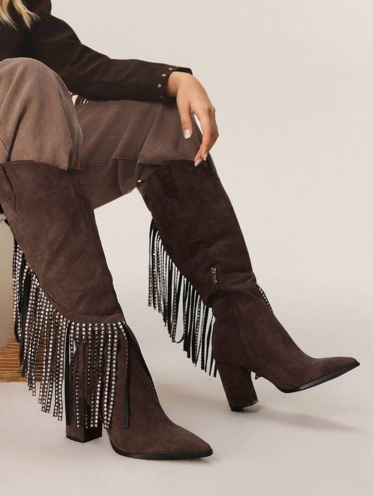 Styleloop Women's Sparkling Rhinestone Tassel Black Warm Western Style Cowboy Boots, Suitable For Halloween, Christmas, Party Outfits - Coffee Brown - View 3