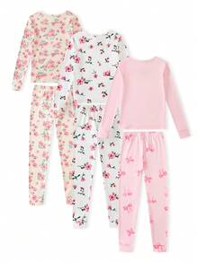 3件套女童可爱蝴蝶结碎花长袖上衣和裤子修身睡衣套装 - 彩色 - 查看 2