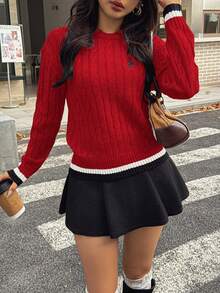 INAWLY Women's Embroidery Contrast Color Sweater, Autumn/Winter - Red - View 5