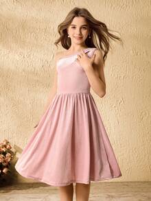 Tween Girls Elegant Velvety Pink Dress With Asymmetric Sequin Cutout Waist Design, Snug Fit - Pink - View 4