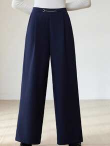 Aveloria Modichic Granatowe, elastyczne, luźne, modne spodnie z szerokimi nogawkami i ozdobnym łańcuchem - Granatowy - Zobacz 4