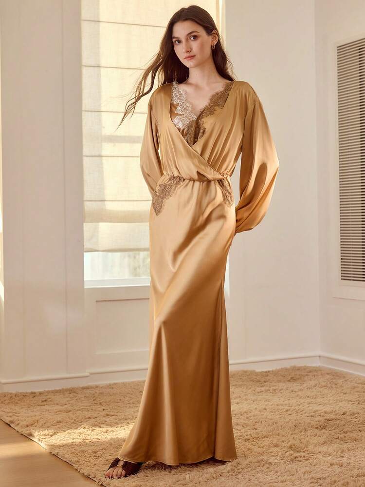 コントラストレースカラーブロックスリープドレス