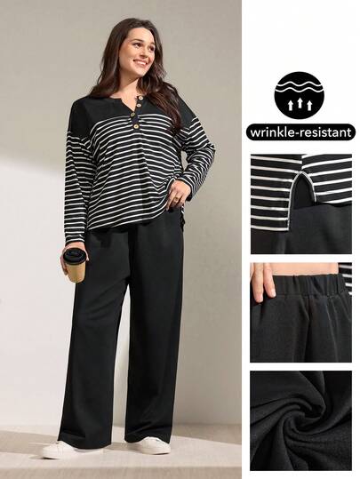 Momelise 大码女式休闲黑白条纹针织两件套，黑色拼布条纹圆领 V 领纽扣落肩袖 T 恤和纯色休闲裤套装