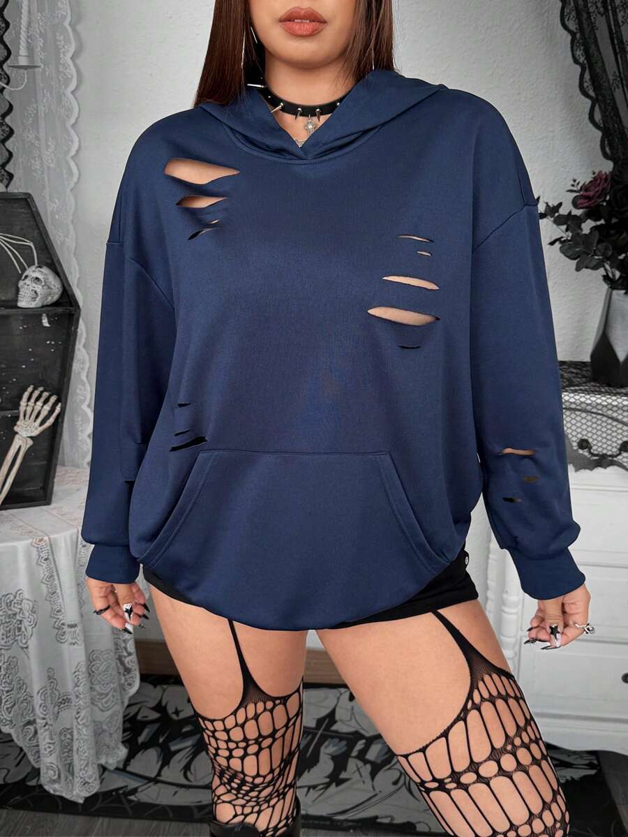 Whyspr Grunge朋克风加大码休闲纯色宽松做旧卫衣,春秋季款 - 藏蓝色 - 查看 1