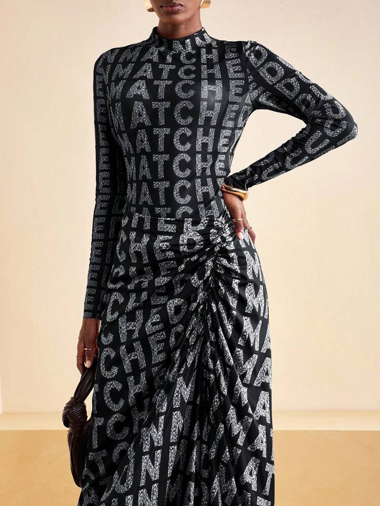 Zivah 2025 Autumn New Arrival Basic Casual Bodysuit With Long Sleeve Tight Mesh Print And Matching Long Pleated Skirt Set, Brown Base With Silver White Letter Print, Suitable For Birthday Party, Banquet, Back To School, Daily Wear, Cruise Travel, Elegant, Commuting, Business Casual,Fall,Fall Clothes For Women,Women's Winter Clothes - Black and White - View 7