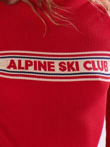 MUSERA 高领“滑雪俱乐部”针织条纹修身套头衫 秋冬滑雪度假休闲假日毛衣 - 紅色 - 查看 6