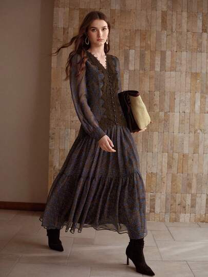 MOTF PREMIUM WOMEN'S VINTAGE ELEGANT CHIFFON DITSY FLORAL LACE PANEL LONG DRESS