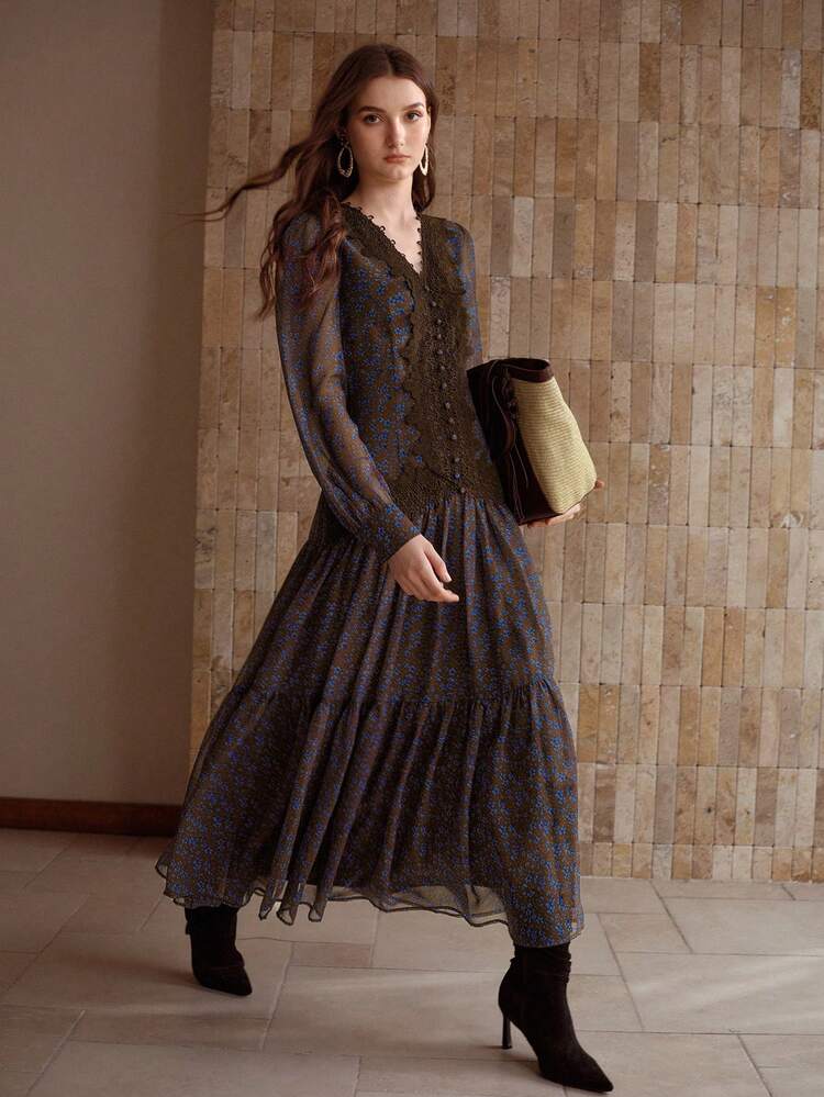 WOMEN'S VINTAGE ELEGANT CHIFFON DITSY FLORAL LACE PANEL LONG DRESS