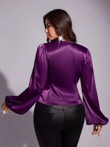 Viva Relle Áo sơ mi tay dài cổ chữ V màu trơn giản dị lãng mạn thanh lịch cỡ lớn - Màu tím - Xem 3