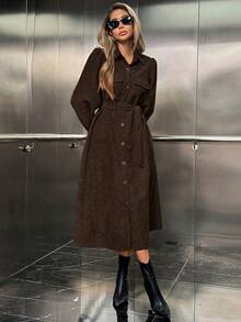 Almamuse Đầm tay đèn lồng cài nút phía trước màu trơn thường ngày cho nữ, mùa thu - Cà phê nâu - Xem 6