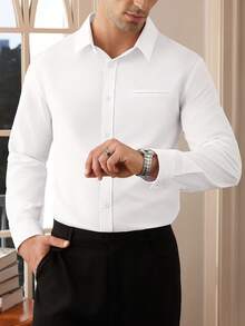 Calvornis 男士白色休閒商務長袖襯衫領正裝襯衫，適合正式場合與儀式穿著 - 白色 - 查看 3