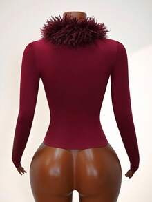 BamGleam Women's Casual Tie-Up Fitted Faux Fur Splice Long Sleeve T-Shirt - Burgundy - View 2