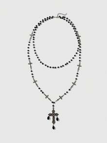 ROMWE 1pc Gothic Style Ascension Day Cross Beaded Tassel Necklace, Black Resin Metal Material Personalized, Suitable For Women Party & Everyday Wear - Black - View 7