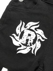 SHEIN 男童无袖时尚字母印花黑色牛仔背带裤 - 黑色 - 查看 4