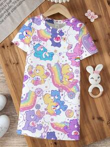 SHEIN X Care Bears Young Girl Cartoon Bear Pattern Round Neck Short Sleeve T-Shirt - White - View 1